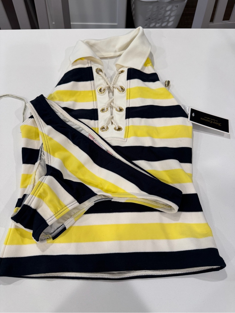 Juicy Couture Yellow Navy & White Striped Lace-Up Bikini Top and Bottom